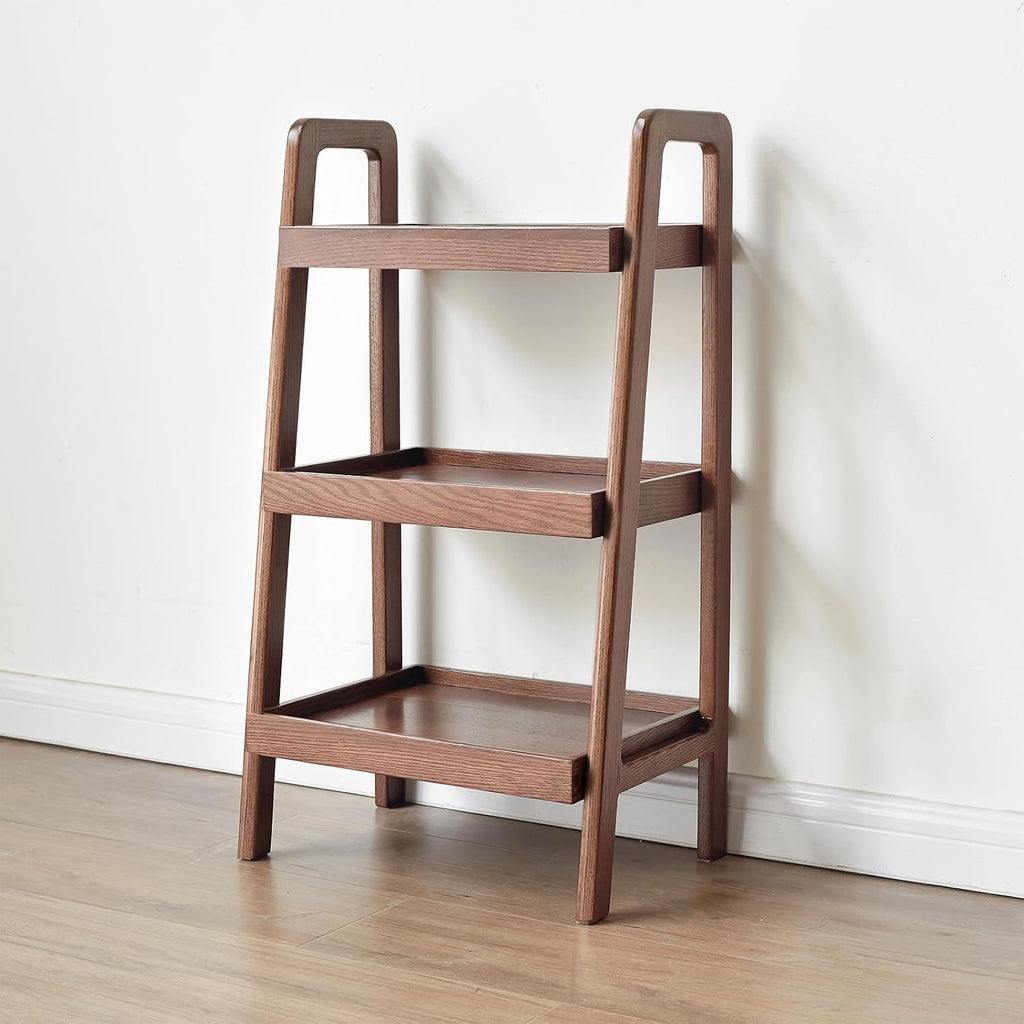 Solid Oak 3-Tier Ladder Shelf, Small Bookshelf with Anti-Dropping Guardrails, Free Standing A-Frame Wood Storage Organizer & Plant Stand for Living Room, Bedroom, Small Spaces (Walnut)