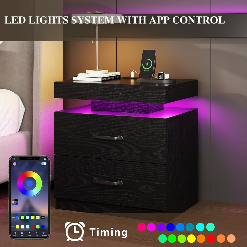Black Nightstand with Charging Station, Modern Night Stand with LED Lights, E...