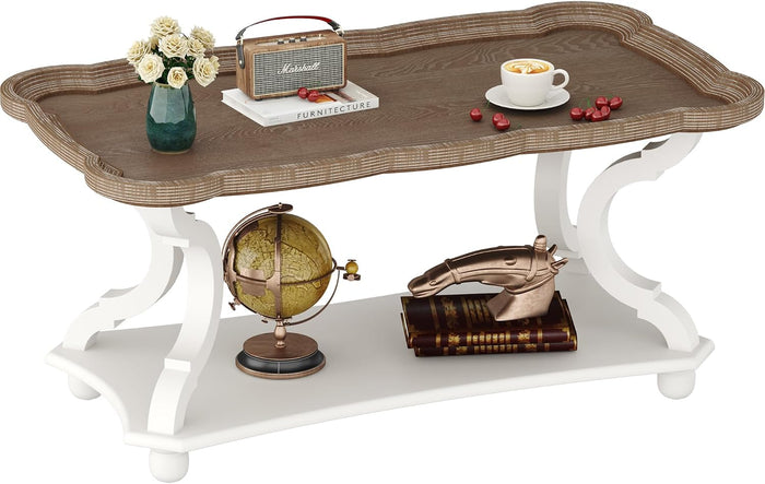 Function Home Farmhouse Coffee Table, 2-Tier Center Table with Storage Shelf, 39.8" French Country Rectangle Accent Table with Natural Tray Top and Curved Legs for Living Room Balcony, Vintage White