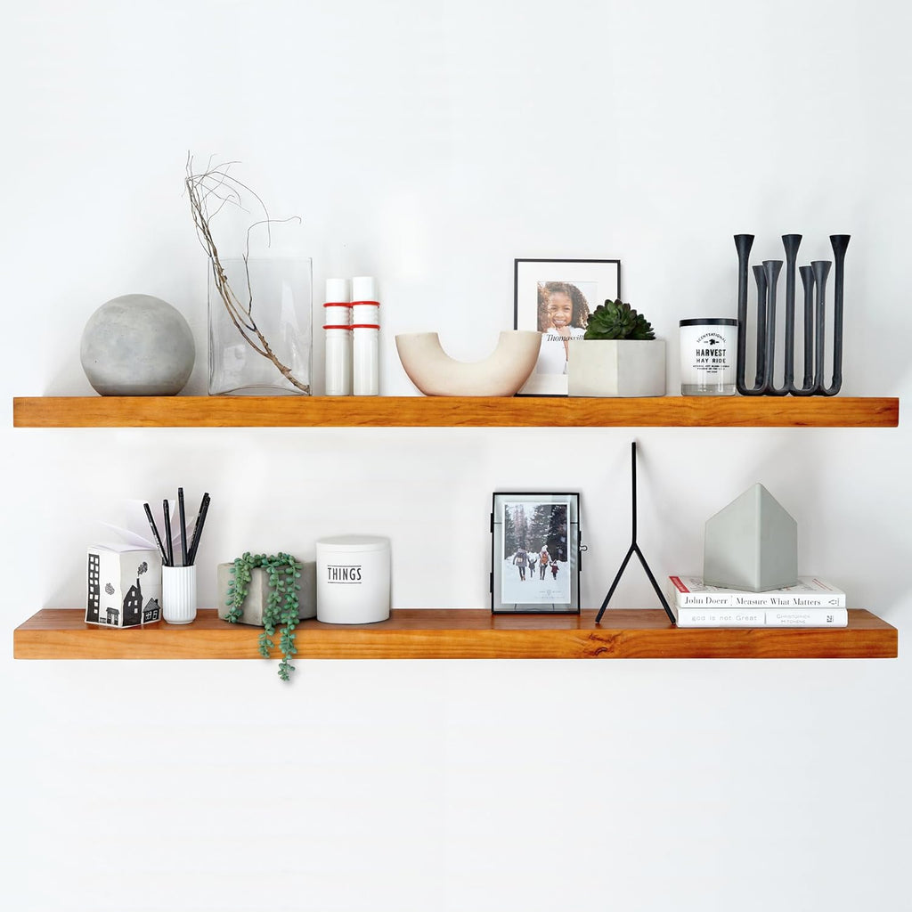 Homeforia 48 inch Oak Floating Shelf, High End Solid Real Wood 48inch Floating Shelves for Wall Mounted, Honey Oak Wooden 48in Large Floating Shelves, Heavy Duty Bracket, 48 X 6.5 X 1.75 in, Set of 2