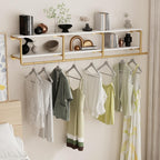 ORSENIGO Industrial Pipe Clothing Rack with Shelves, Gold Wall Mounted Clothes Rack for Home Retail