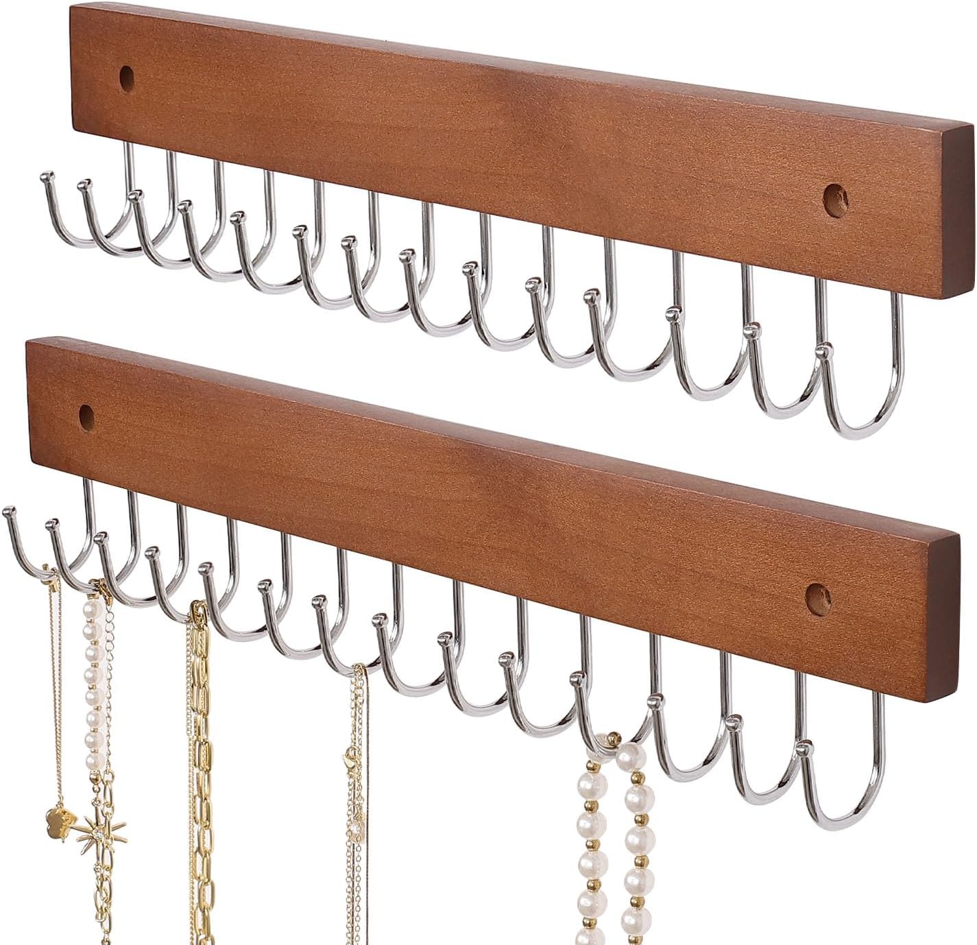 SCUNDA Hanging Jewerly Organizer for Wall, Wall Mounted Necklace Holder, Wood Wall Mount Jewerly Organizer for Earrings Bar, Hanging Rings, Necklaces and Bracelet, Nice Gift for Woman (2pack,Brown)