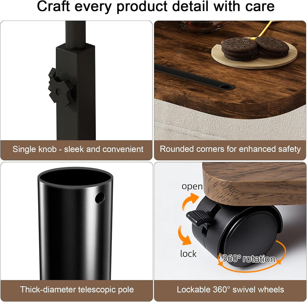 Adjustable TV Tray Side Table 360°Swivel Rolling, Rustic Brown | Adjustable H...