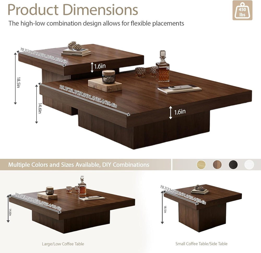 Nesting Coffee Table Set of 2, Modern Square Coffee Tables and Side Table Set...