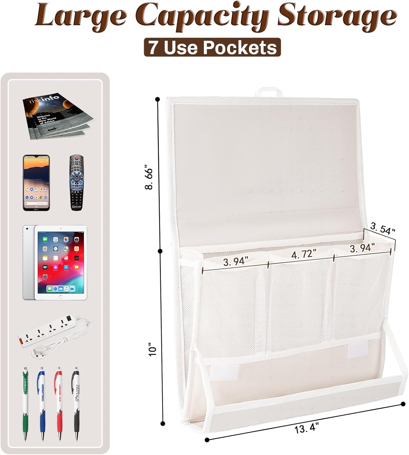 Bedside Caddy Bedside Storage Organizer Bedside Organizer with Power Strip Holder and 2 Adjustable Straps for Home Bunk Bed College Dorm Sofa (White)