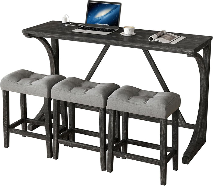 4 Piece Bar Table Set with Power Outlet, 59'' Dining Bar Table and Chairs Set, Industrial Breakfast Table with 3 Padded Stools for Living Room Dining Room Game Room Grey Black