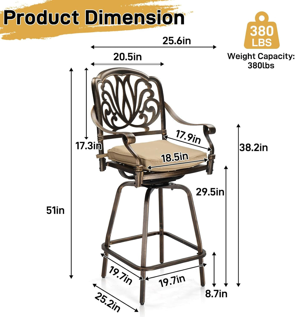 VINGLI 3 Piece Outdoor Bar Set, Cast Aluminum Outdoor Swivel Bar Stools and T...