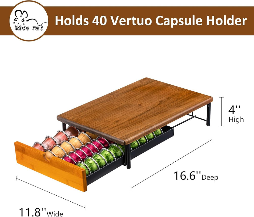 Vertuo Capsule Holder Drawer for Nespresso With Elegant Wood Top (40 Pods)
