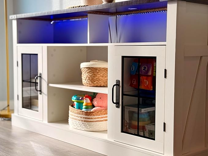 WLIVE Farmhouse TV Stand for 65 Inch TV, Tall Entertainment Center with LED Lights & Storage Cabinets, TV Media Console Table with Adjustable Shelf for Living Room, Bedroom, Home Theater, Milk White