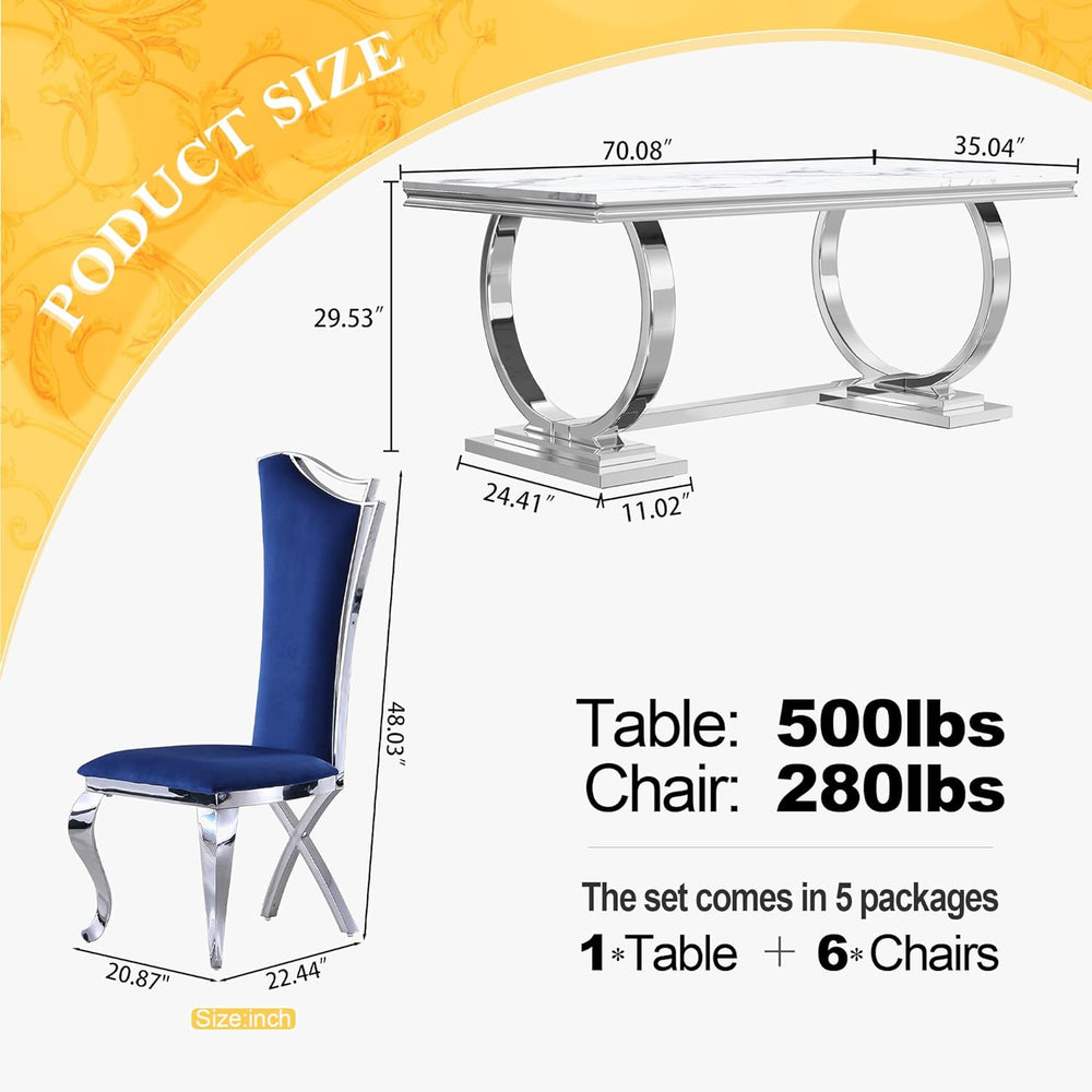 70 in Faux Marble Dining Table Set for 6, Large Kitchen Table and Blue Velvet...