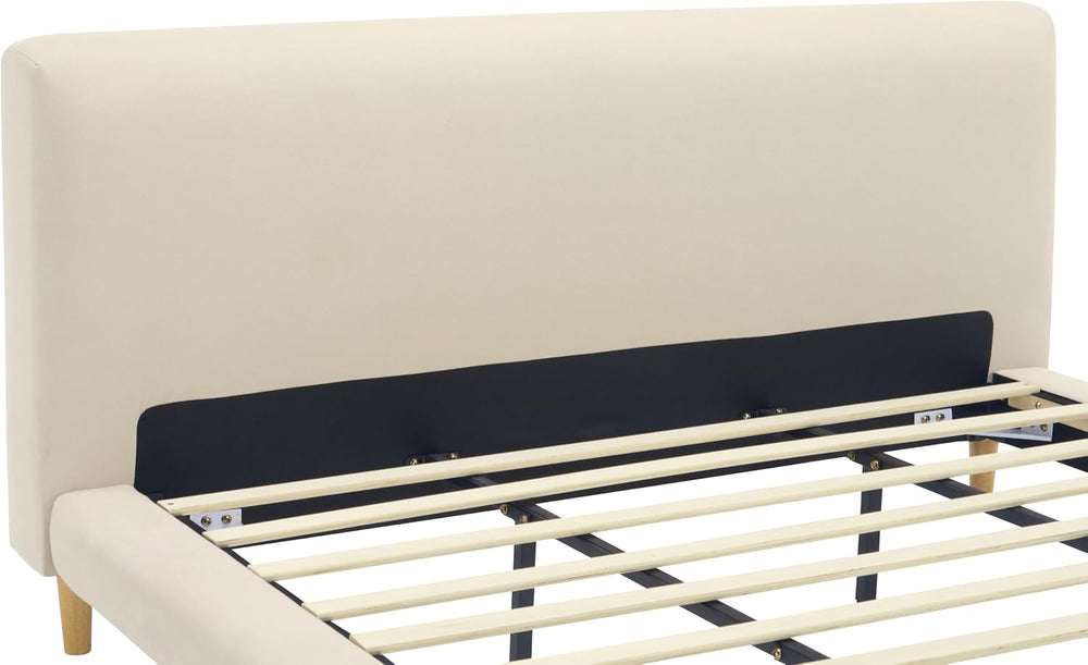 Cal-King Size Upholstered Beige Platform Bed with Chunky Headboard, Modern Fa...