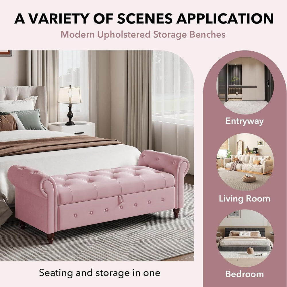 63" Wide Storage Bench, Velvet Upholstered End of Bed Bench with Pull Ri...