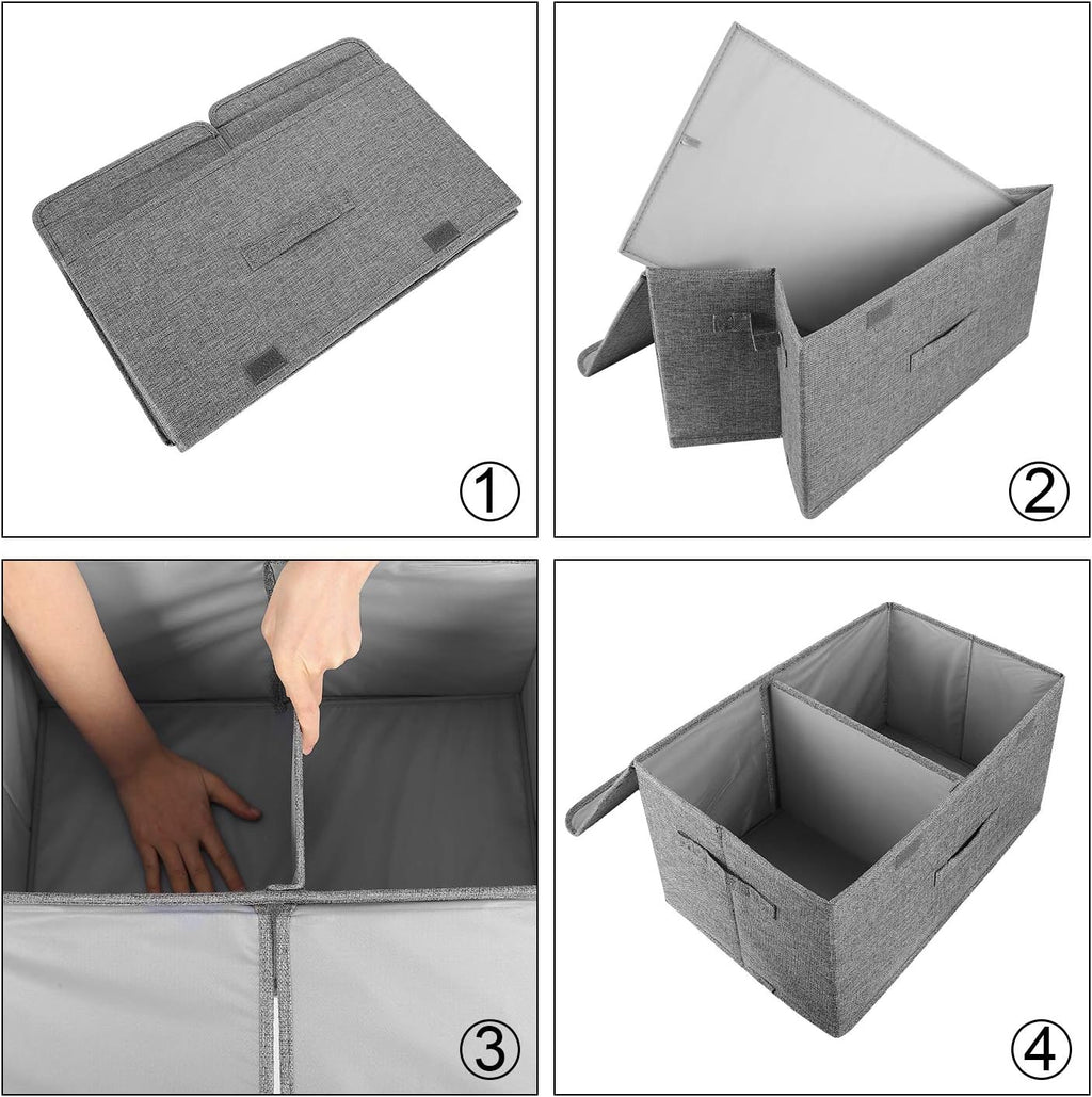 2 Pack Storage Boxes with Lids and Handles, Collapsible Linen Storage Bins Organizer Containers Baskets Cube with Removable Divider for Home Bedroom Closet Office (Pink, Large)