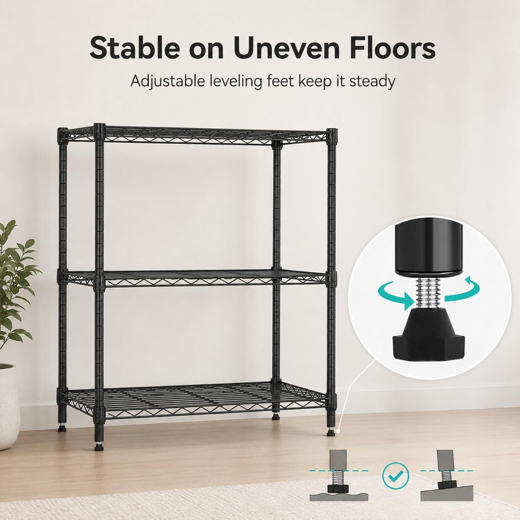 3-Tier Metal Wire Shelving Unit, Heavy Duty Adjustable Storage Rack for Laundry Room, Pantry, Kitchen, Garage Organization and Storage, Small Space Shelves (Black, 23"L × 13.2"W × 30.2"H)