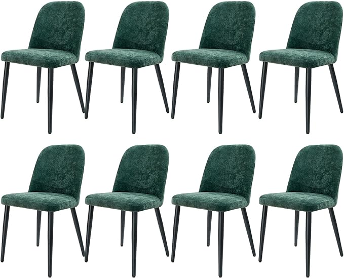 Upholstered Dining Chairs Set of 8 Modern Kitchen Chairs Chenille Fabric Dining Room Chairs High-Back Padded Dining Chairs with Metal Legs for Kitchen Dining Room Restaurant Cafe Hotel, Green