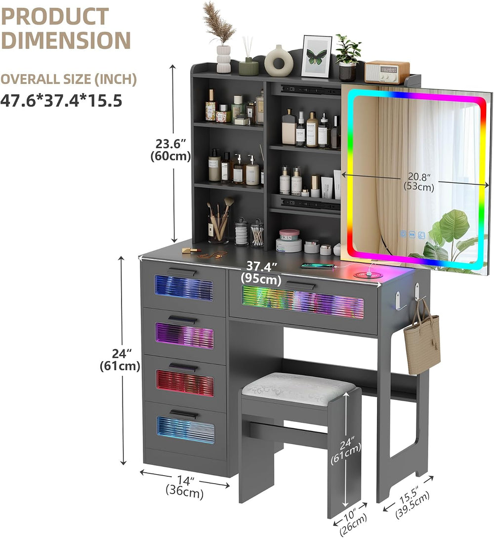 Gurexl RGB Vanity Desk with Sliding Mirror and Lights,Glass Top Makeup Vanity...
