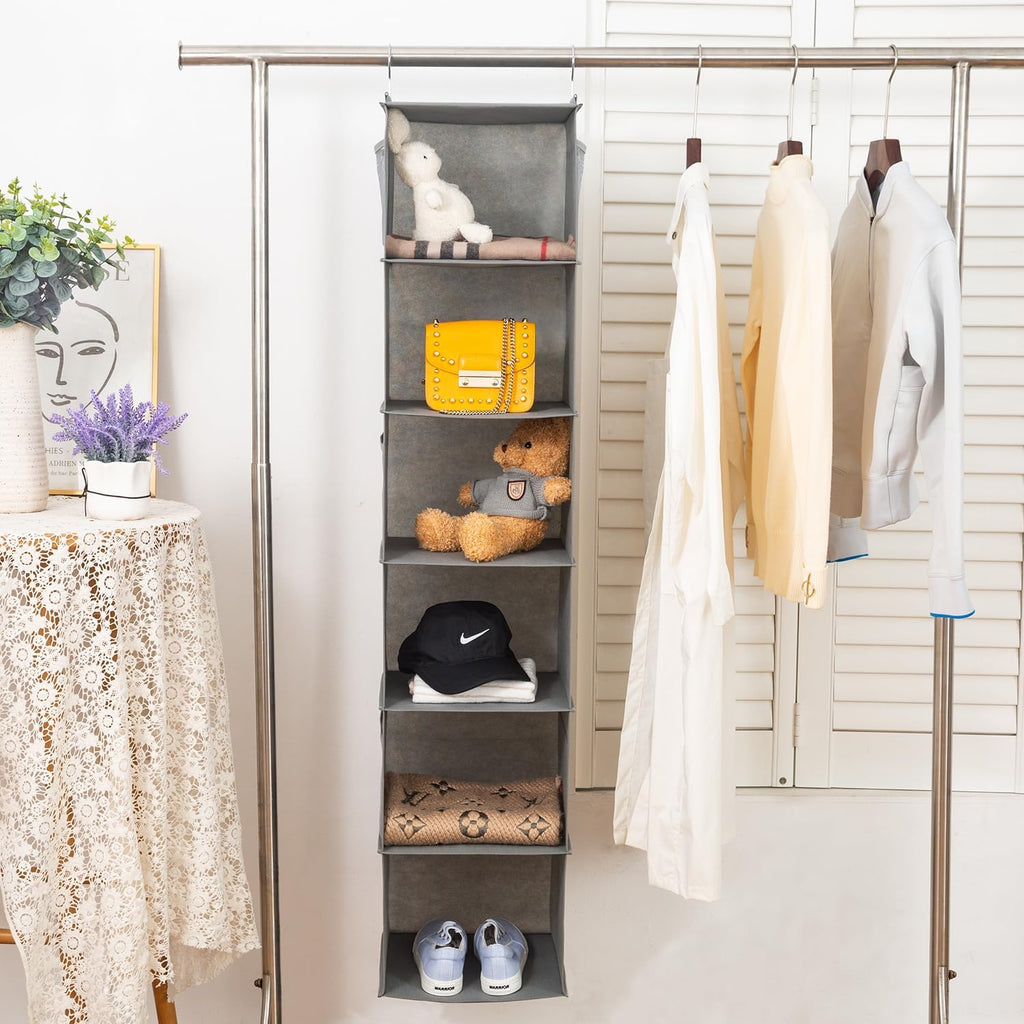 6 Shelves Hanging Closet Organizer, 2 Pack Hanging Storage with 4 Side Pockets for Clothes Shoes, 43.5"x12"x12"(Grey)
