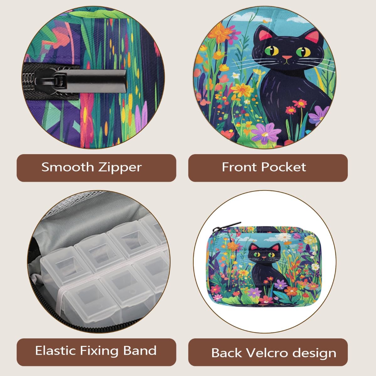 Art Painting Flower Cat Pill Organizer Travel Medicine Case with Zipper Daily Vitamin Storage Bag Portable 8 Slot Weekly Pill Box Supplement Holder for Home Office Gym Travel