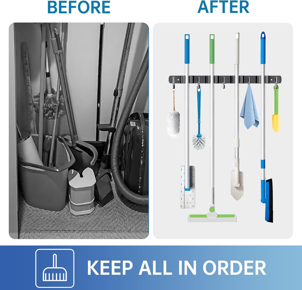 ZONGOOL 2 Pack Broom Holder Wall Mount, 4 Racks and 5 Hooks Mop Hanger Wall Mount Broom Organizer Stainless Steel Heavy Duty Garage Tool Racks for Home Kitchen Garden Laundry (Black)