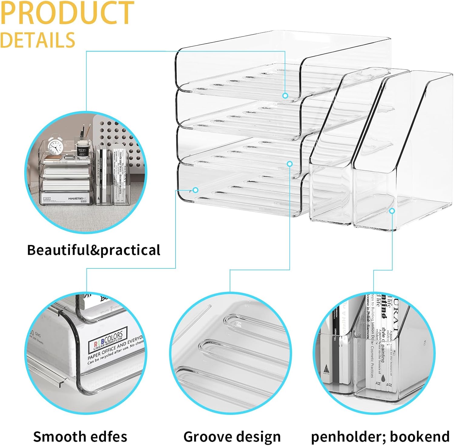 4-Tier Brown Acrylic Paper Tray Organizer for Desk + 2 Bookends – Stackable Letter Tray, Acrylic Desk Accessories/File Organizer, Office Paper Organizer