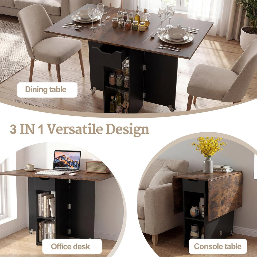 GOFLAME Drop Leaf Dining Table for 2-4, Folding Kitchen Table with Open Shelv...