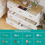 Wide TV Stand Modern TV Console, 11 Drawers Tall Dresser for Bedroom, Fabric Storage Cabinet, Chest of Drawers for Closet, Nursery, Living Room（White）