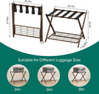 Smuxee Fully Assembled Walnut Grain Luggage Rack set of 2, Foldable Iron Suitcase Stand with 5 Nylon Straps, Luggage Holder with Shelf for Guest Room Bedroom Hotel