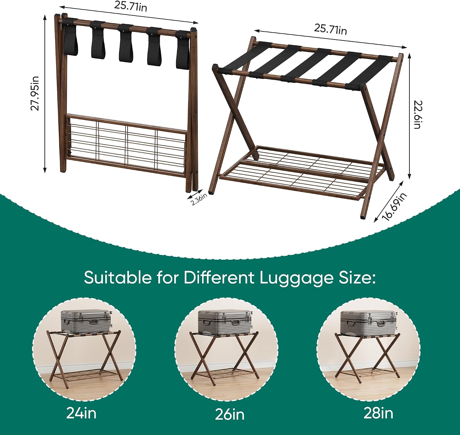 Smuxee Fully Assembled Walnut Grain Luggage Rack set of 2, Foldable Iron Suitcase Stand with 5 Nylon Straps, Luggage Holder with Shelf for Guest Room Bedroom Hotel