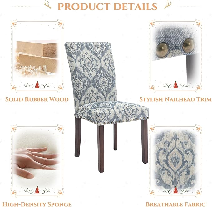 Parsons Dining Chairs Set of 2, Upholstered Nailhead Dining Room Kitchen Side...