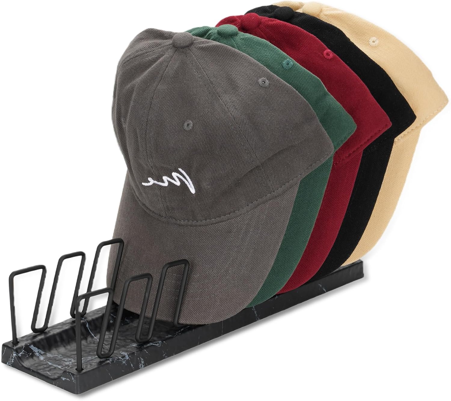 Hat Organizer for Baseball Caps - 7 Cap Organizer & Holder, Anti-Tip Metal Hat Rack & Display Stand, Quick-Install Hat Storage for Closet, Bedroom, Vanity (Black Marble Pattern, 1 Pack)