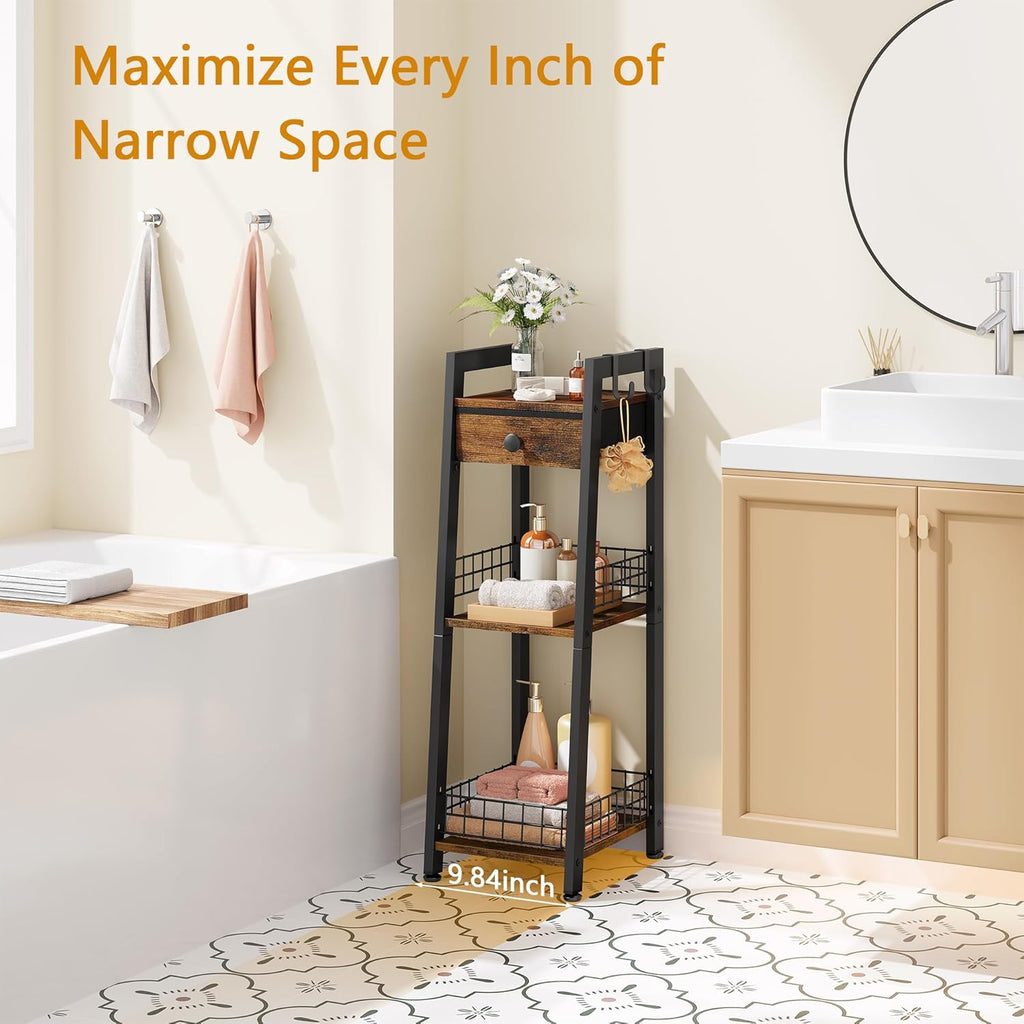 3-Tier Narrow Ladder Shelf with Drawer, Bathroom Floor Storage Shelf, Freestanding Tower Shelf Ladder Bookshelf Brown