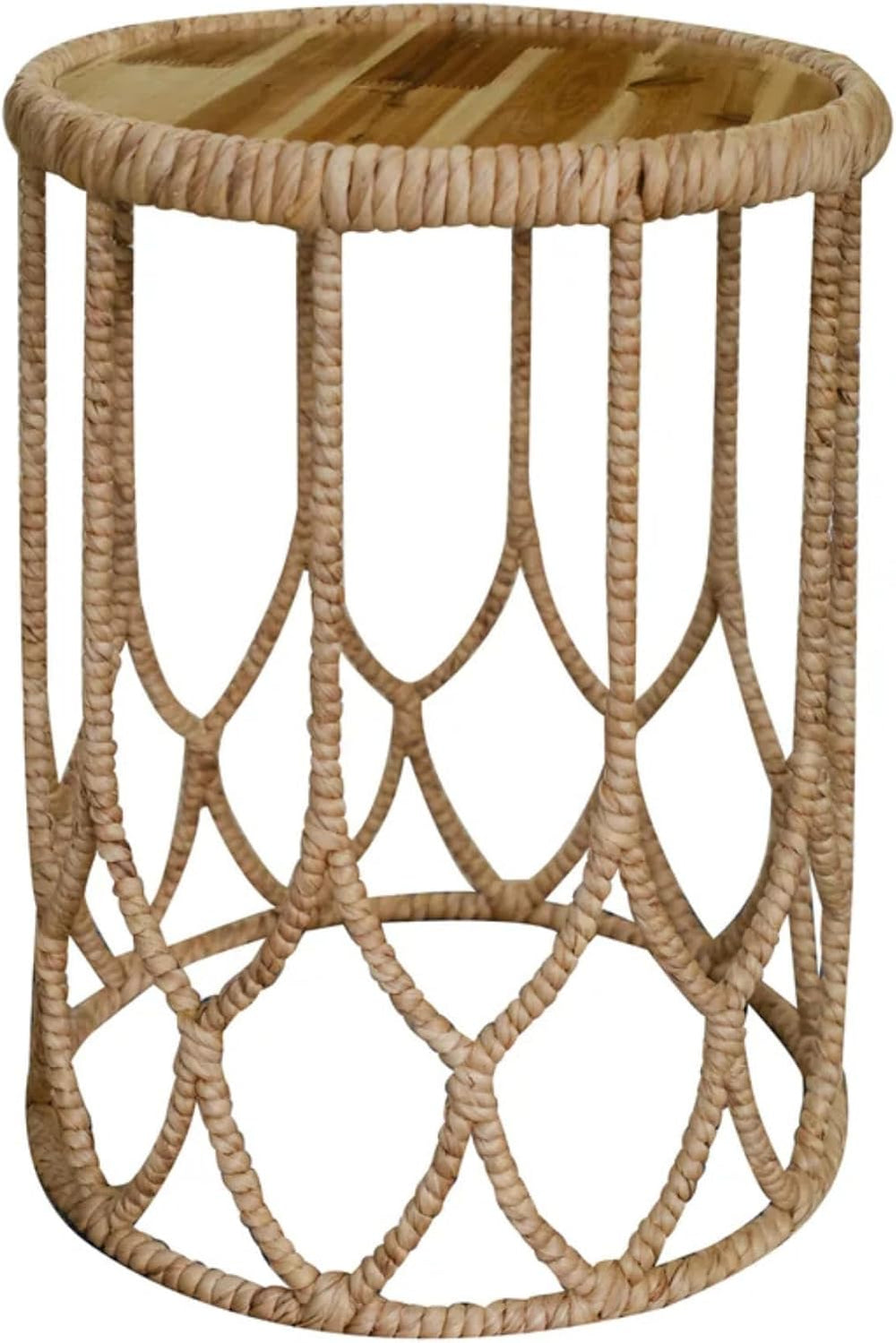 VNT Signature Handwoven Round Side Table with Solid Wood Top – Natural Rattan...