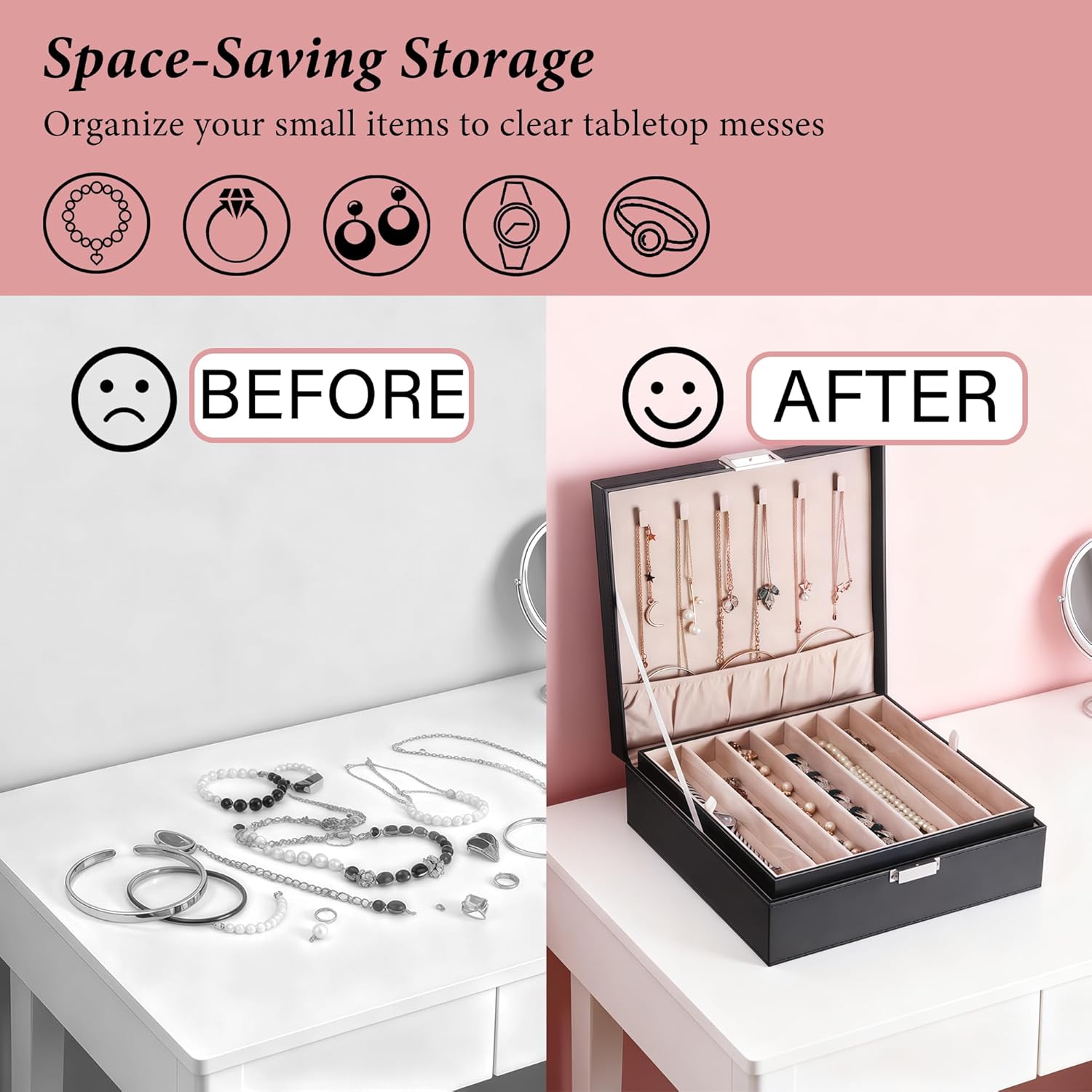 BEWISHOME Jewelry Box Organizer, 2-Layer Necklace Organizer Box, Modern Style Necklace And Bracelet Storage Case, Necklace Case for Women, Girls (Black SSH31B)