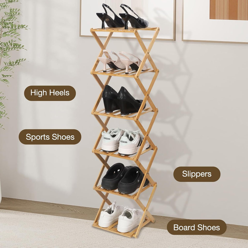 Bamboo Shoe Rack 6 Tier Foldable Shoe Rack for Entryway | Narrow Vertical Shoe Organizer Free Standing Shelf, Multifunctional Slim Storage for Bedrooms Living Room Corner