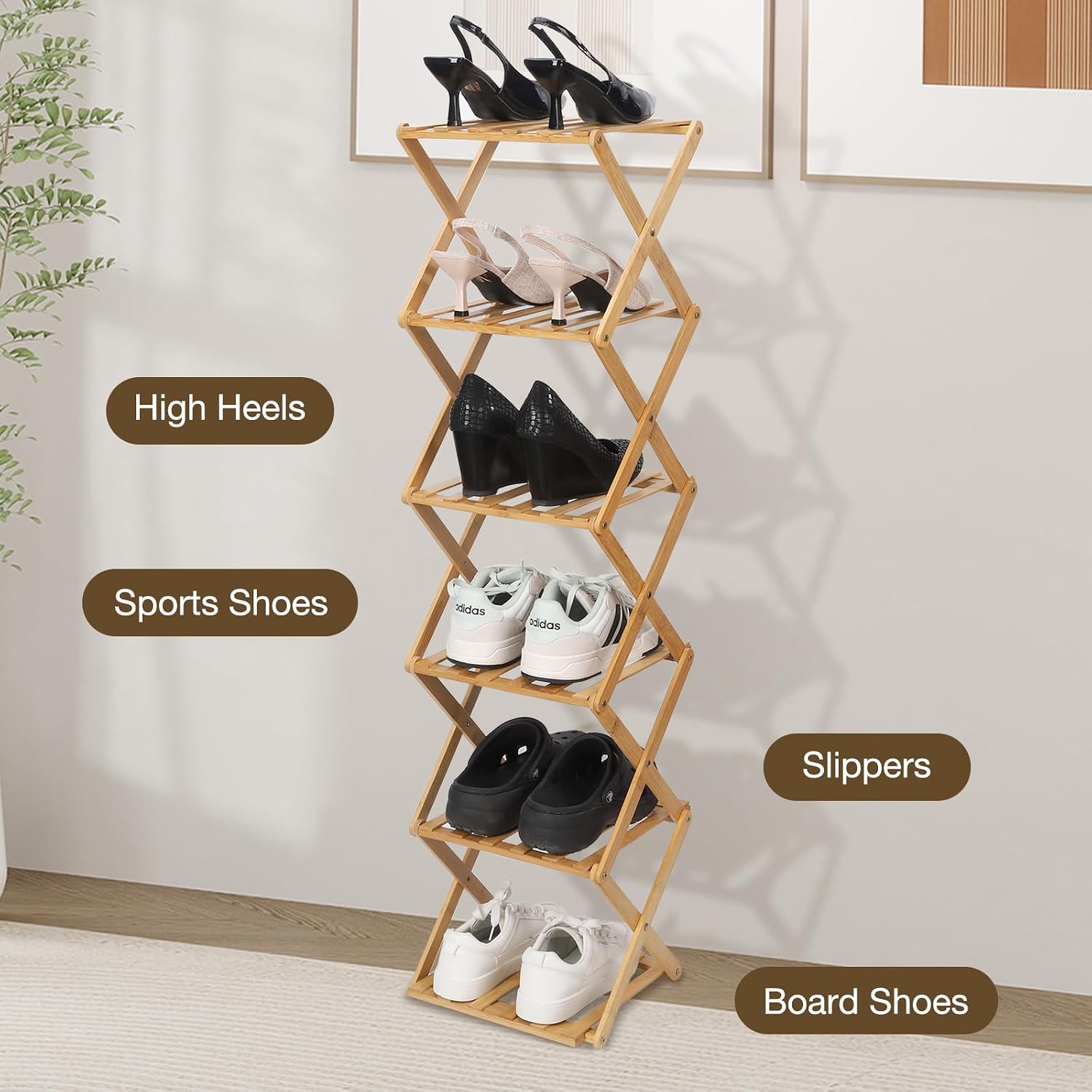Bamboo Shoe Rack 6 Tier Foldable Shoe Rack for Entryway | Narrow Vertical Shoe Organizer Free Standing Shelf, Multifunctional Slim Storage for Bedrooms Living Room Corner