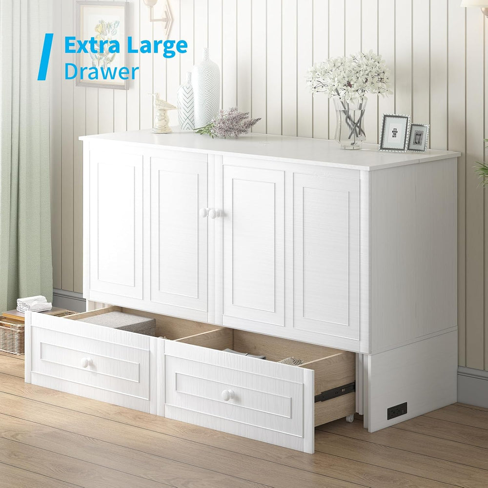 Mjkone Murphy Cabinet Bed Queen Size White No Mattress | with Tri-Folding Mat...