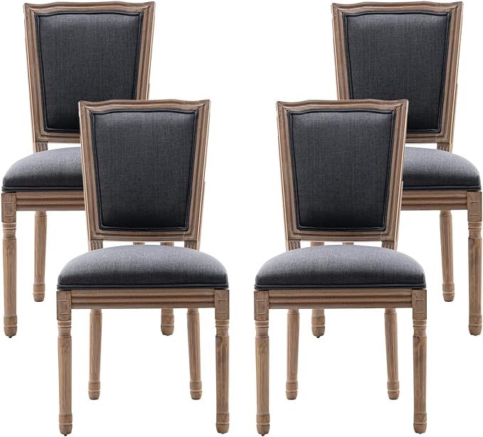 Nrizc Farmhouse Dining Chairs Set of 4, French Dining Chairs with Square Back, Brown Wood Legs, French Bistro Chairs for Dining Room/Living Room/Kitchen/Restaurant, Dark Grey