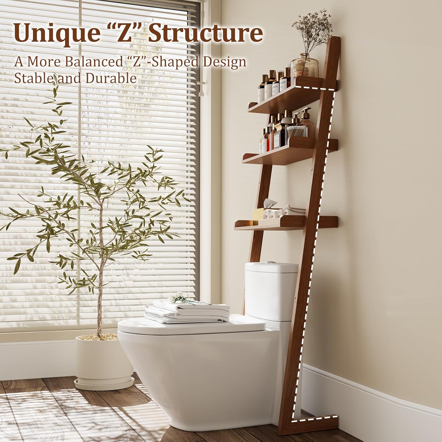 Over The Toilet Storage Shelf Wood, 3-Tier Above Toilet Organizer Rack, Freestanding Above Toilet Shelf for Bathroom, Laundry, Space Saver, Walnut Color.
