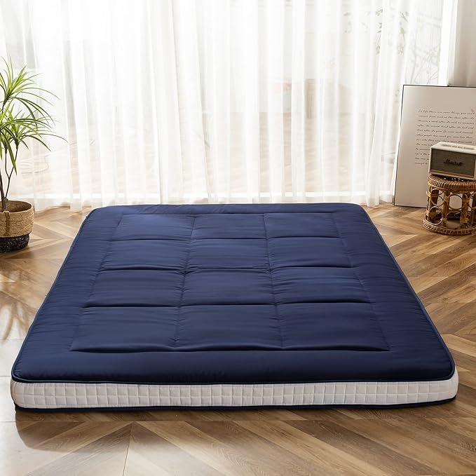 MAXYOYO Futon Mattress, Padded Japanese Floor Mattress Quilted Bed Mattress Topper, Extra Thick Folding Sleeping Pad Breathable Floor Lounger Guest Bed for Camping Couch, Navy, Full