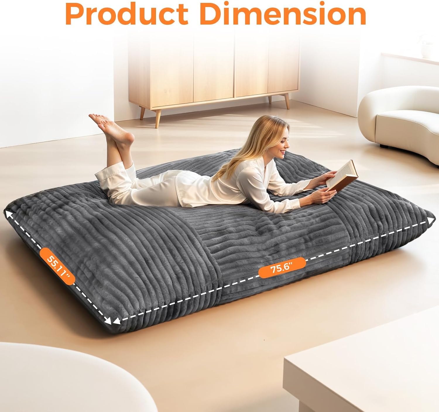 3 in 1 Giant Bean Bag Chair, Convertible Bean Bag Bed for Adults and Kids, Oversized Comfy Memory Foam Floor Sofa with Machine Washable Cover for Living Room, Bedroom & Dorm(Grey)