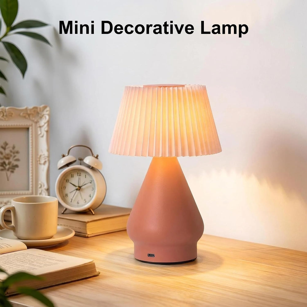 Cordless Rechargeable Small Pink Bedside Touch Table Lamp,Pleated Shade