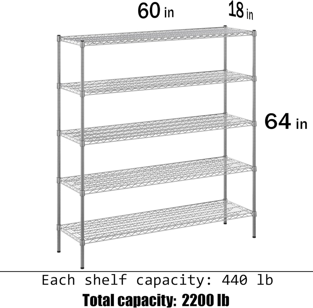 18" Deep x 60" Wide x 64" Height Wire Shelving Kit | 5-Tier | NSF Commercial Storage Rack Unit