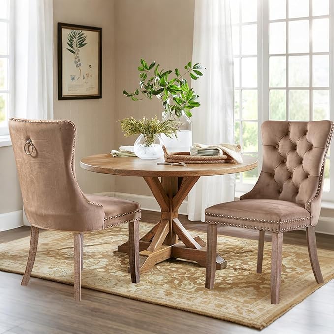 Velvet Upholstered Dining Chairs Set of 2, Modern Style Kitchen Side Chairs with Nailhead Trim and Wood Legs,Metal Pulling Ring for Dining Room Living Room(Khaki)