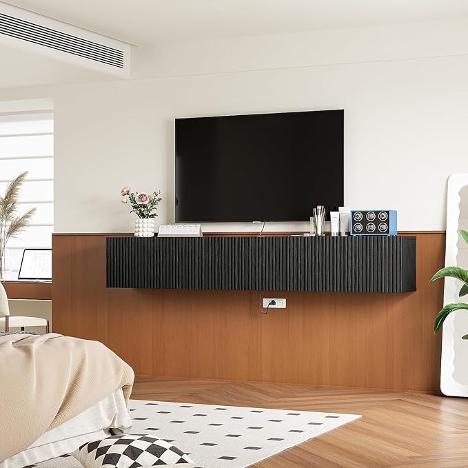 Floating TV Stand with 3 Doors, 70IN Wall Mounted TV Cabinet, Floating Media Console Entertainment Center with Storage, Under TV Shelf for Bedroom Living Room,Black