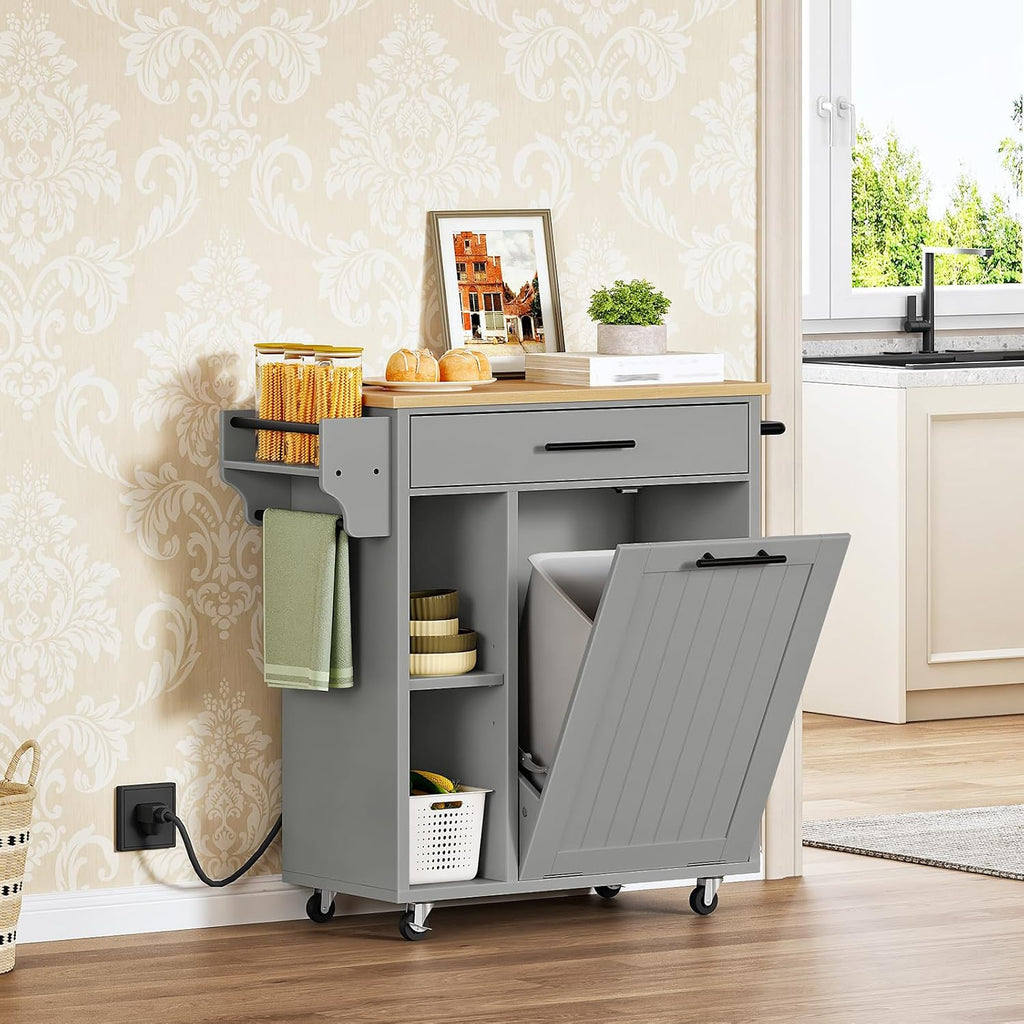 HOOBRO Kitchen Island with Trash Can Storage, Rolling Kitchen Island on Wheels, Mobile Island Cart with Power Outlet, Islands Table for 10 Gallon Garbage Bin, White and Grey GN80UZD01G1