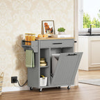 HOOBRO Kitchen Island with Trash Can Storage, Rolling Kitchen Island on Wheels, Mobile Island Cart with Power Outlet, Islands Table for 10 Gallon Garbage Bin, White and Grey GN80UZD01G1