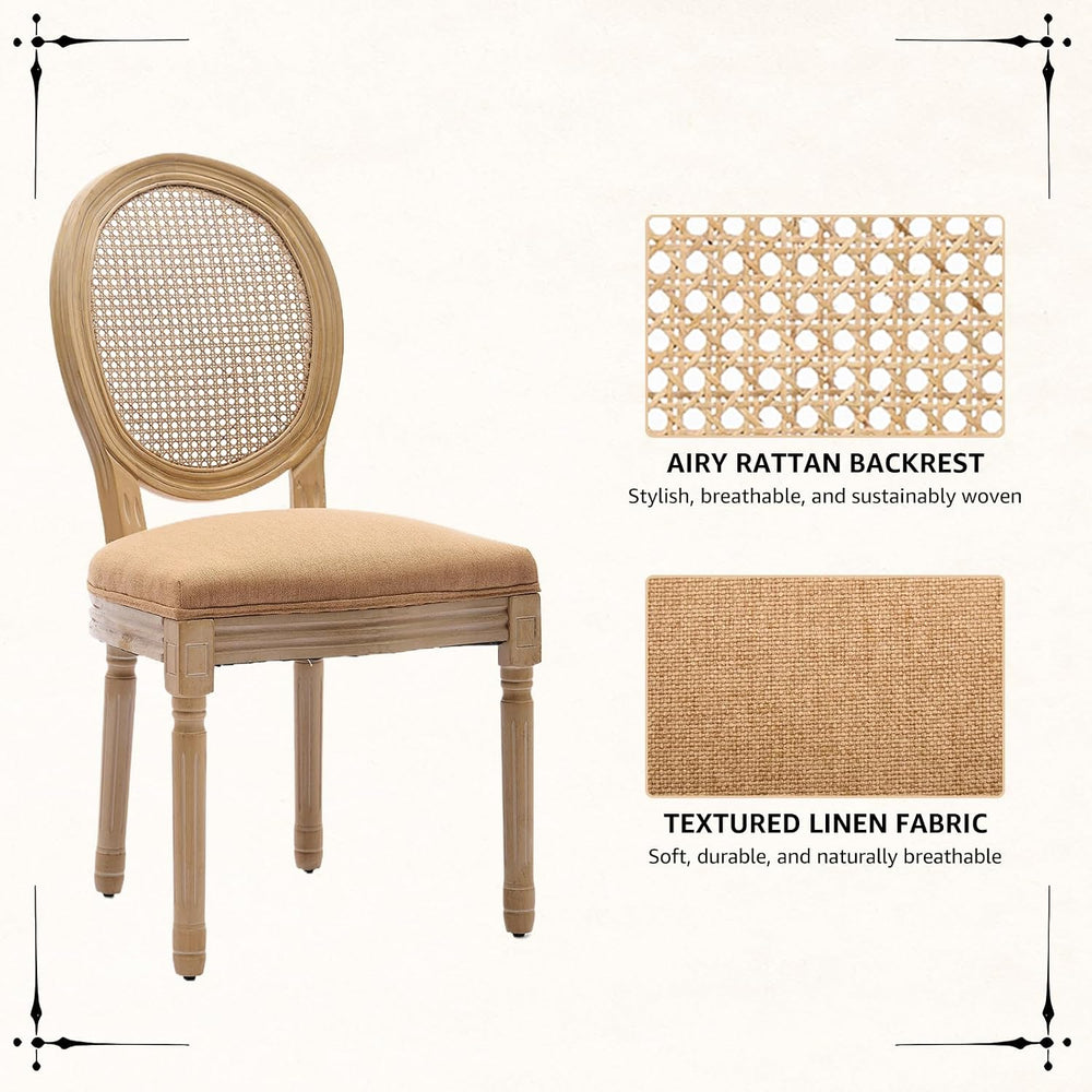 Vintage French Rattan Dining Chairs Set of 4, Round Back Accent Chairs with R...