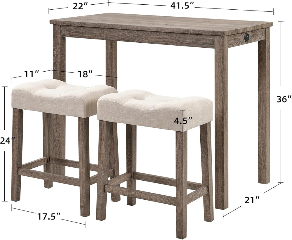 DUHOME 3 Piece Bar Table Set,Dining Bar Table and 2 Chairs Set with Charging ...