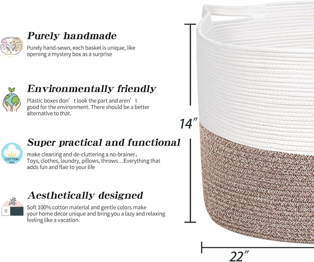 R RUNKA Extra Large Cotton Rope Basket 22" x 14" - Toy Basket for Kids -Blanket Basket for Living Room - Woven Baskets for Storage
