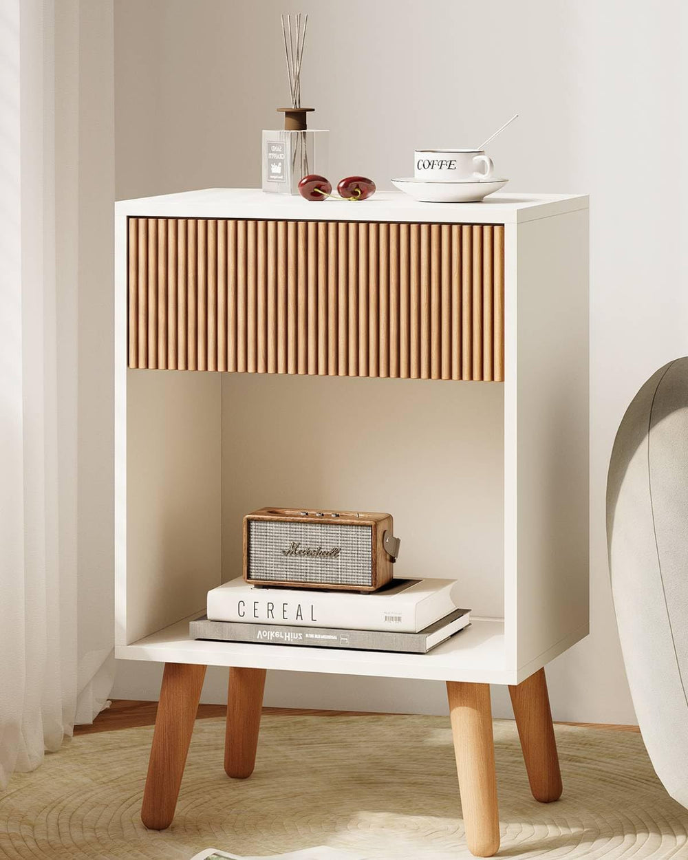 Fluted Nightstand, Modern Bedside Table with Storage Drawers and Open Wood Sh...